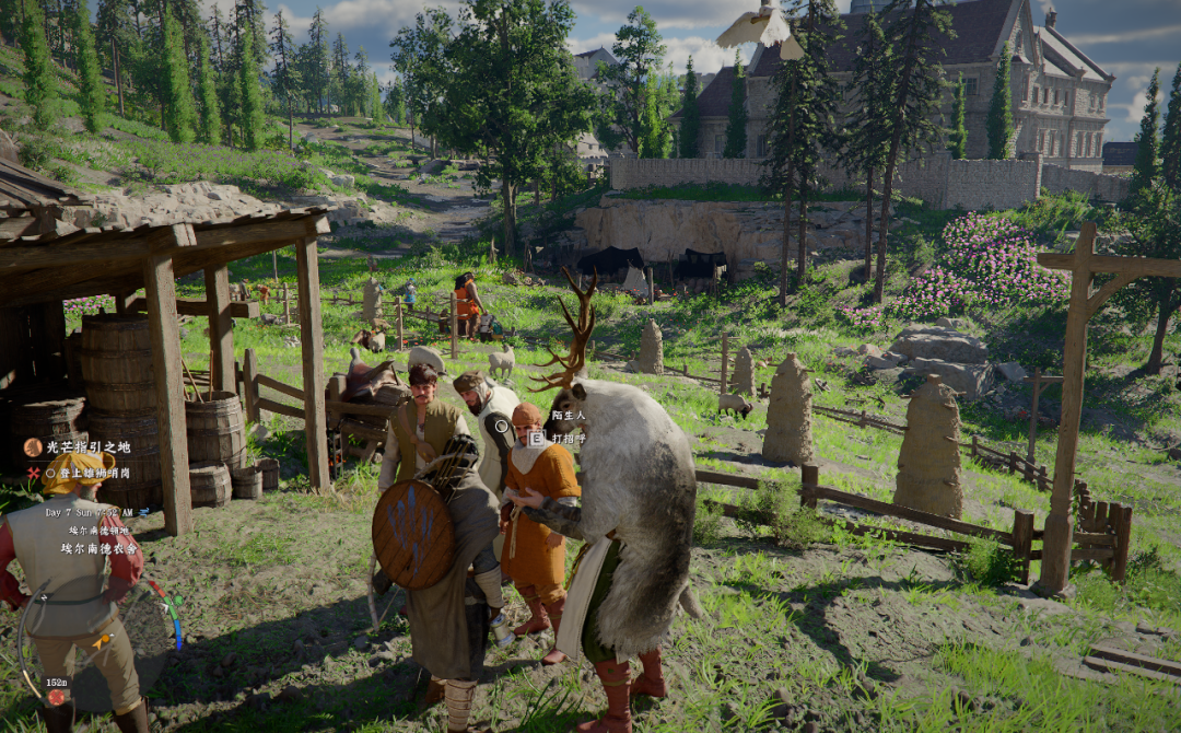 一群角色聚集在中世纪风格的村庄庭院中