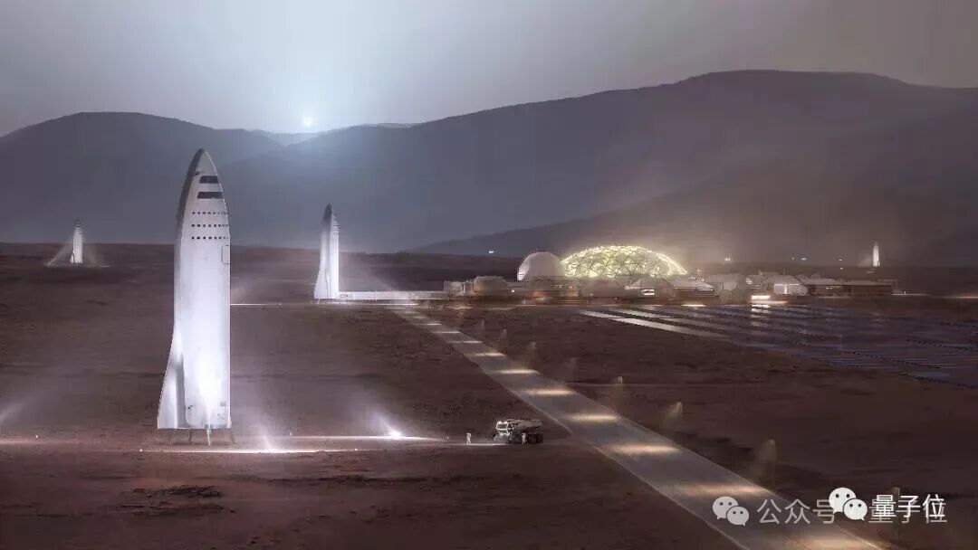 火星表面未来殖民地场景,前景是高大星舰,远处有穹顶建筑群