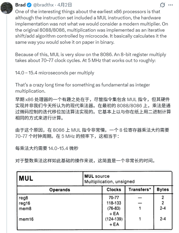 早期x86处理器中MUL指令性能说明的社交媒体截图