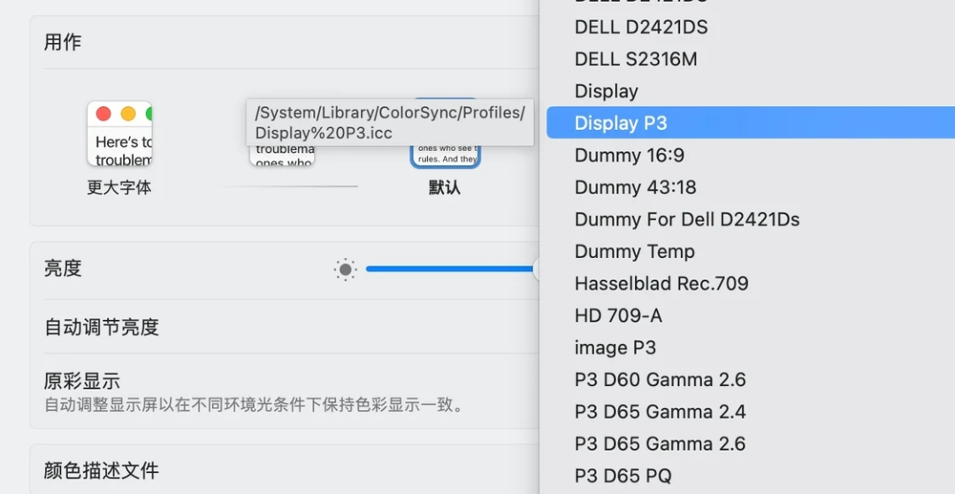 MacBook Neo系统显示设置中的P3色域选项