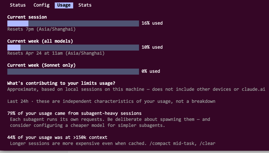 /usage 命令输出示例，展示使用统计