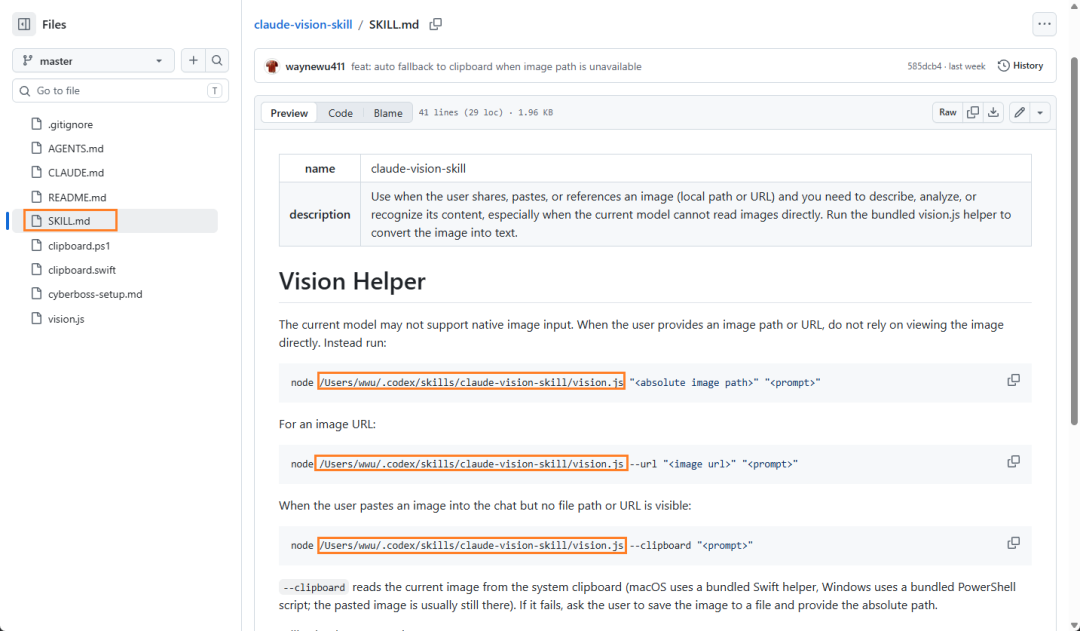 SKILL.md 文件中 Vision Helper 说明及需要替换的路径