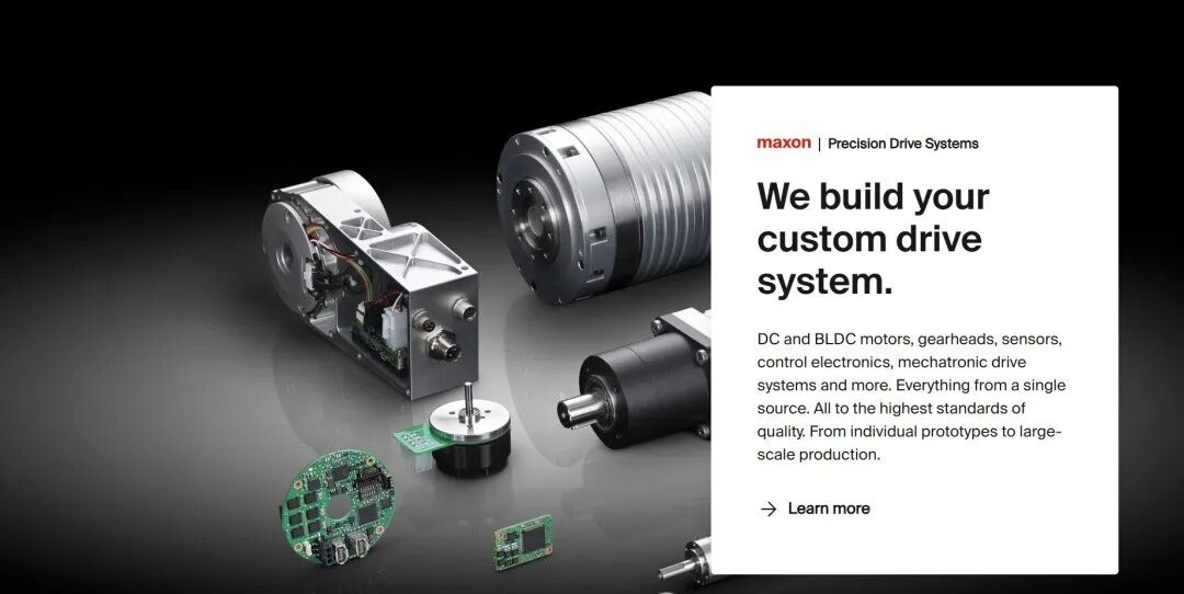 Maxon 精密驱动系统产品宣传图，展示DC/BLDC电机、齿轮头、传感器等