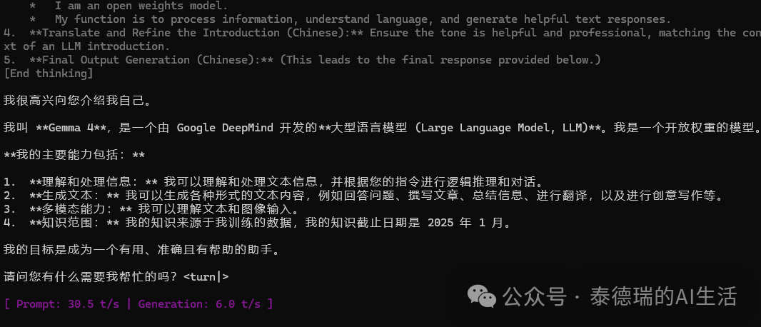 Gemma 4 在手机终端中的自我介绍