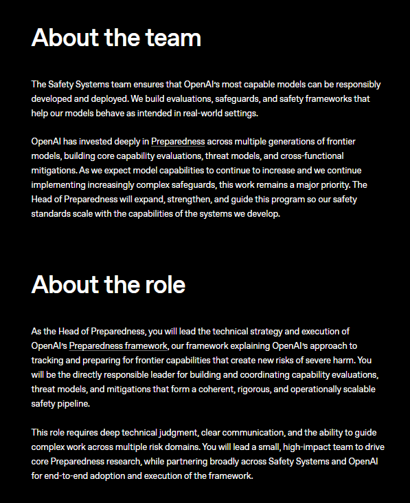 OpenAI Head of Preparedness 职位要求