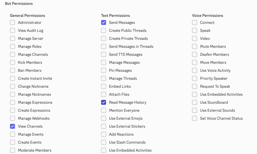 Bot权限设置界面，勾选了部分权限