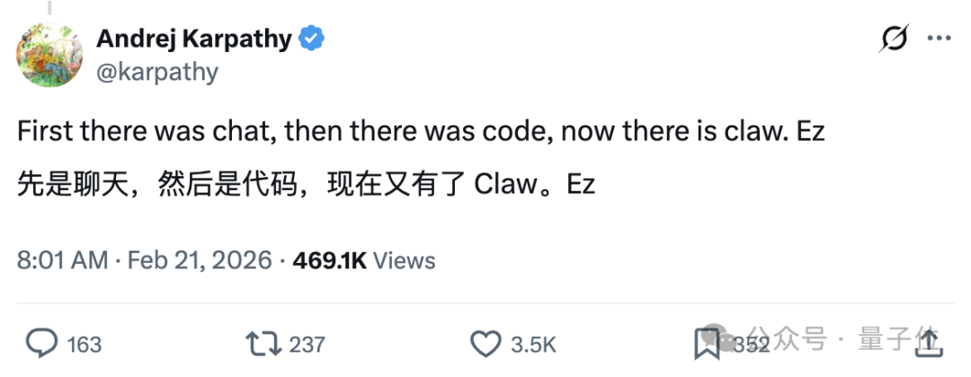 Andrej Karpathy关于Chat, Code, Claw演进的推文