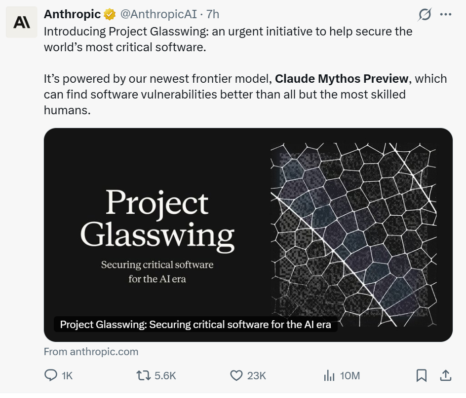 Anthropic官方关于Project Glasswing的推文截图