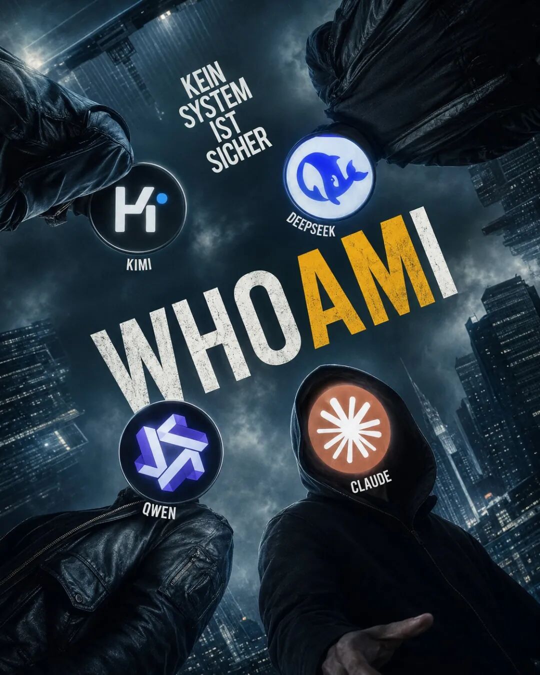 城市夜景海报风格，四位代表不同AI的角色剪影，中间大字“WHO AM I”