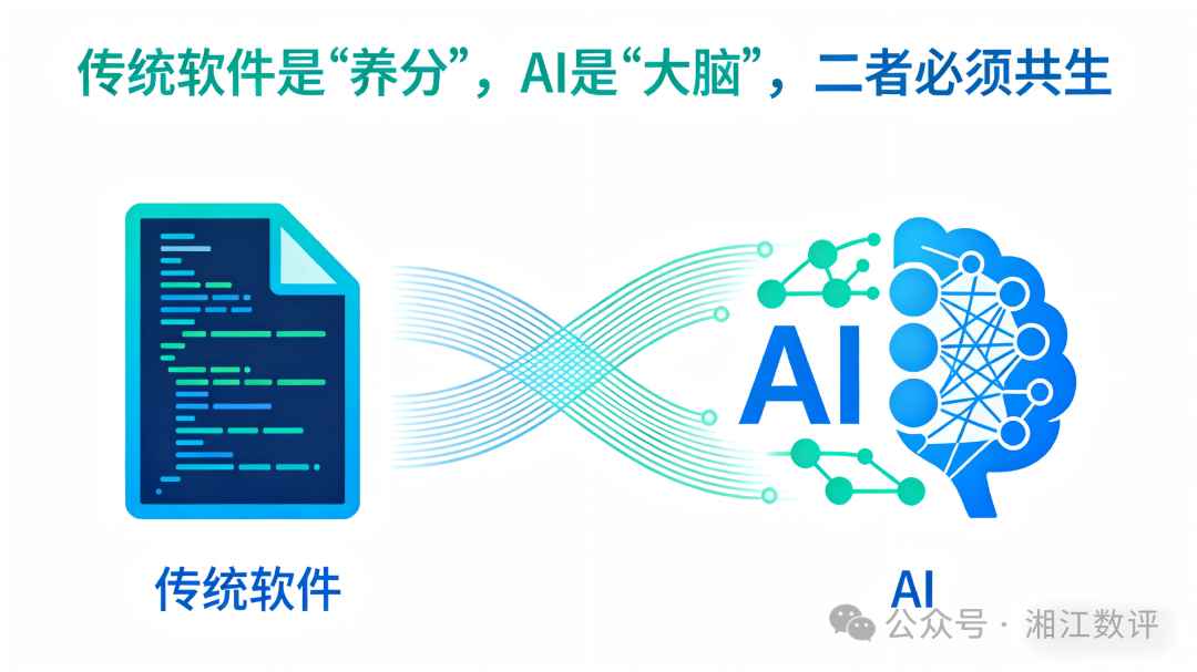 传统软件与AI大脑共生关系图