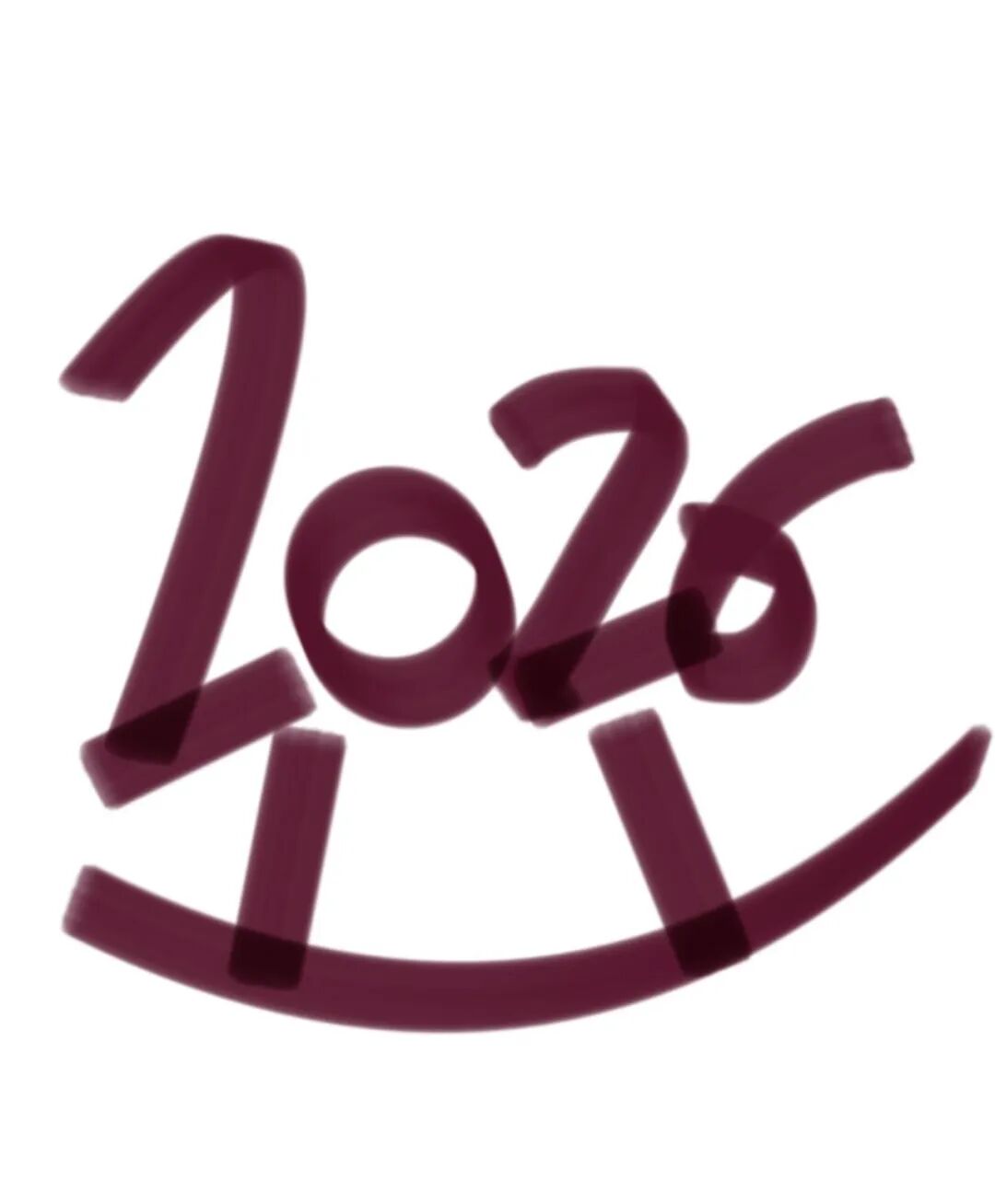 深紫色手写风格“2026”倾斜呈现，底座如摇摆木马，具艺术动感