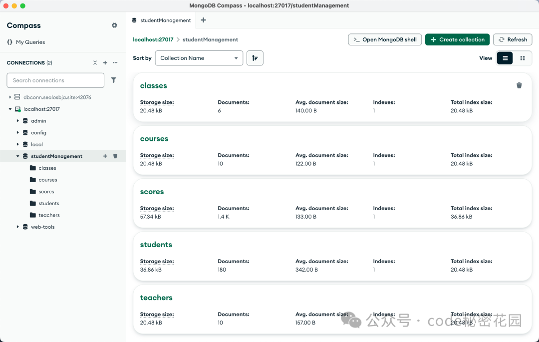 MongoDB Compass中数据库集合列表