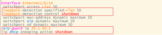 交换机Ethernet1/0/14接口配置,环路检测关闭端口、arp-guard和dhcp snooping