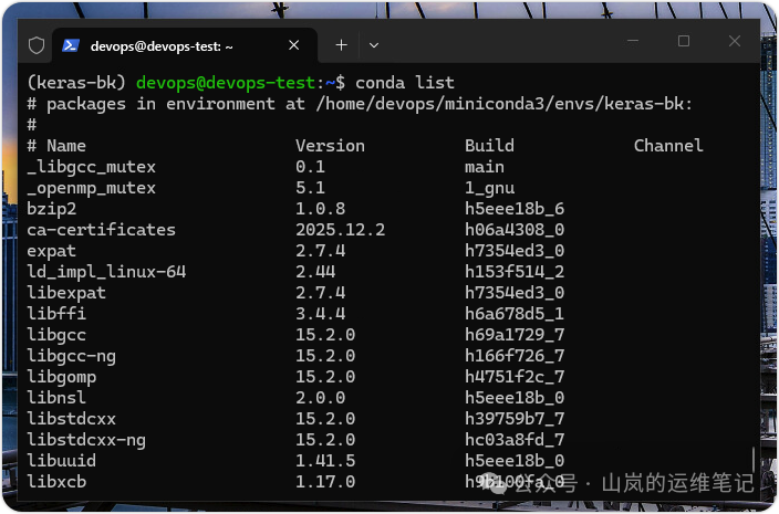 在keras-bk环境中使用conda list查看已安装的包