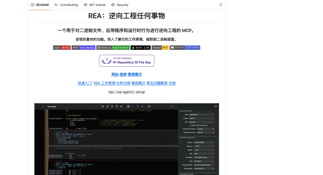 REA GitHub 项目首页与逆向分析界面