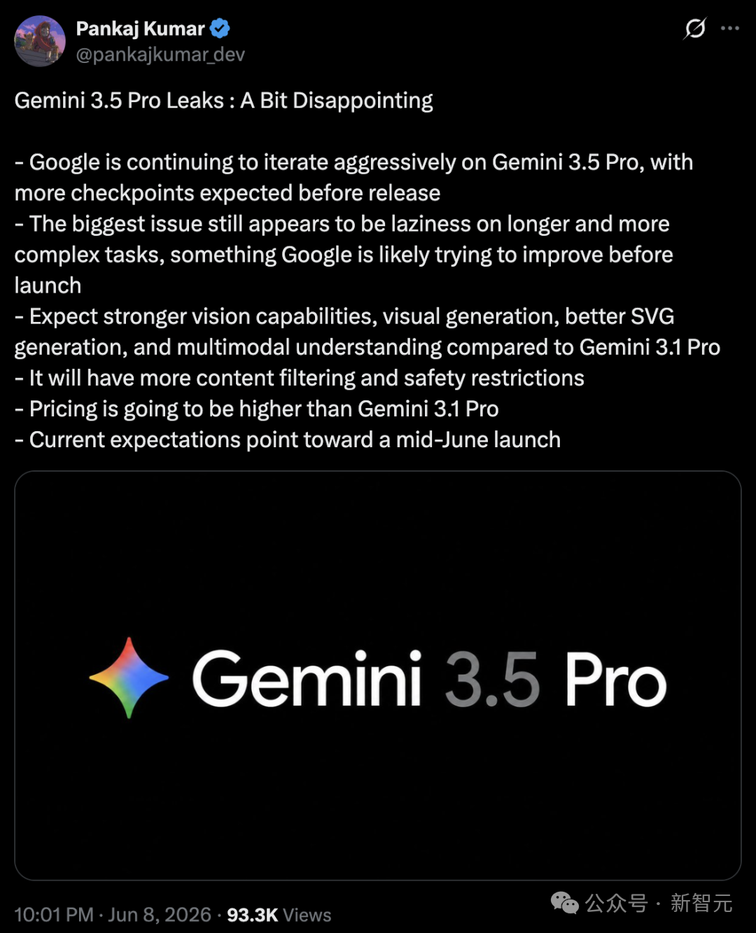 推文截图列出Gemini 3.5 Pro泄露信息,称其令人失望