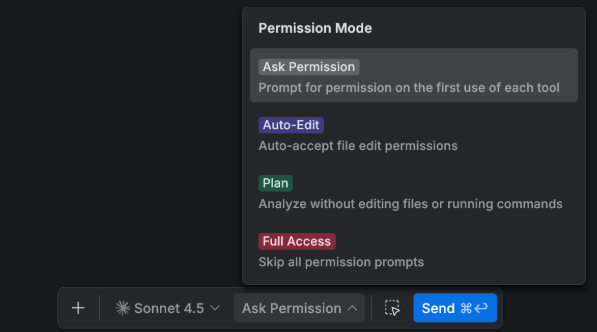 权限模式选择面板，包含四种选项
