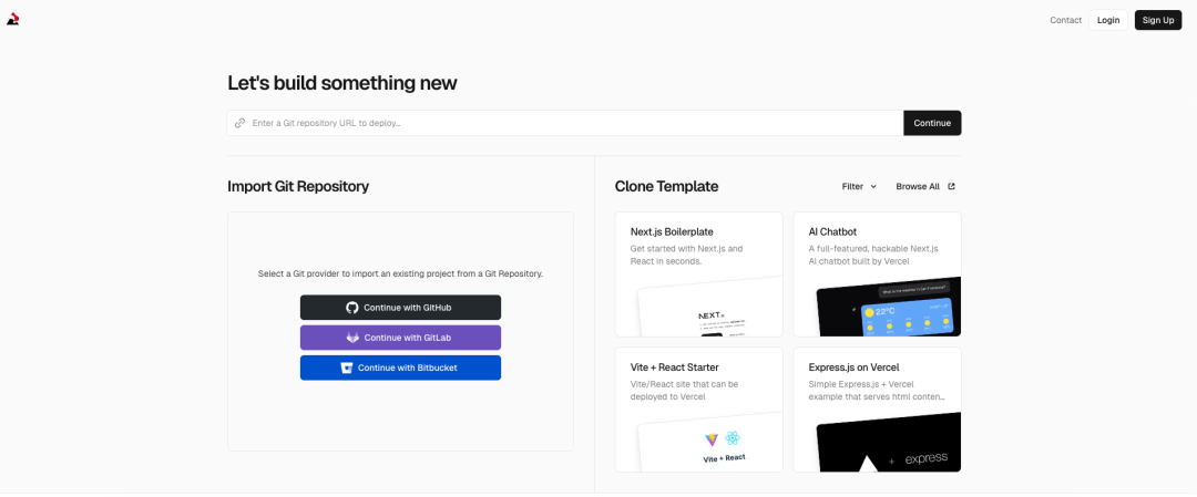 Vercel项目创建与Git仓库导入界面