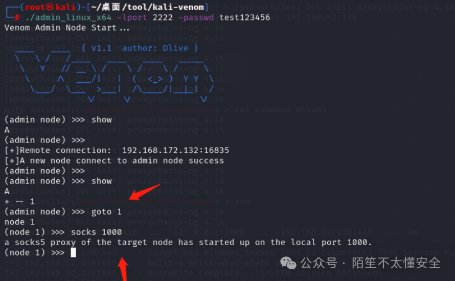 Venom Admin Node启动日志：v1.138，proxychains-ng 4.16，节点连接成功