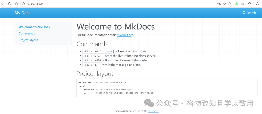MkDocs 欢迎页展示 Commands 与 Project layout