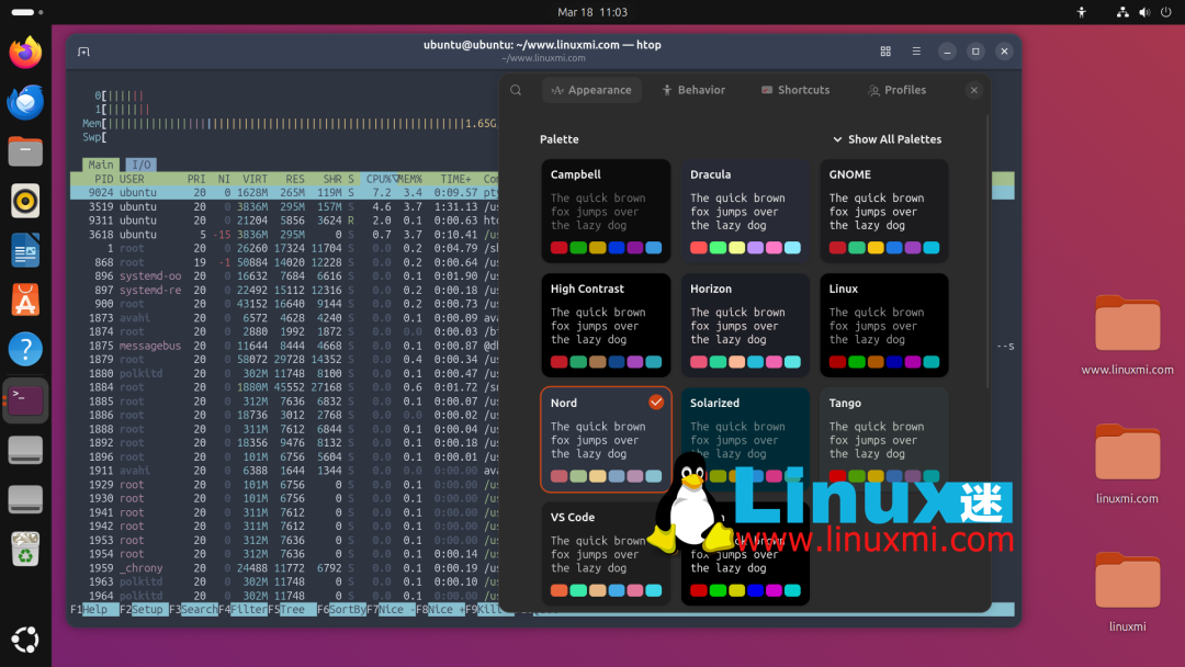 Ubuntu 26.04终端运行htop及主题设置面板