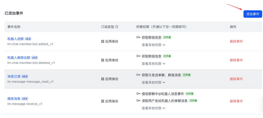 飞书已添加的事件列表