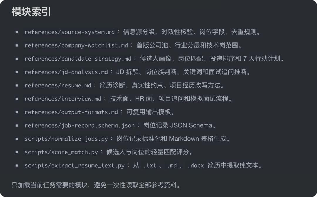 "模块索引"详细列出 references 和 scripts 中所有文件的用途截图