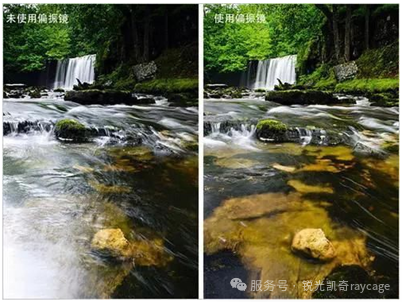 左侧为未使用偏振镜拍摄的溪流,右侧为使用偏振镜拍摄的同一场景,水面反光减弱