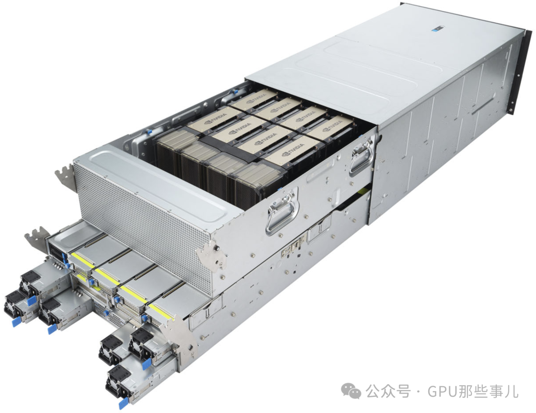 华硕HGX H100服务器半抽拉状态，展示上层GPU加速卡及下层电源模块