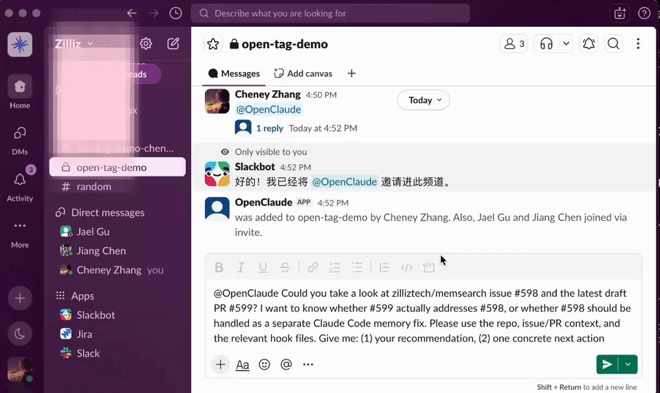 Slack频道中OpenClaude讨论PR和Issue的线程