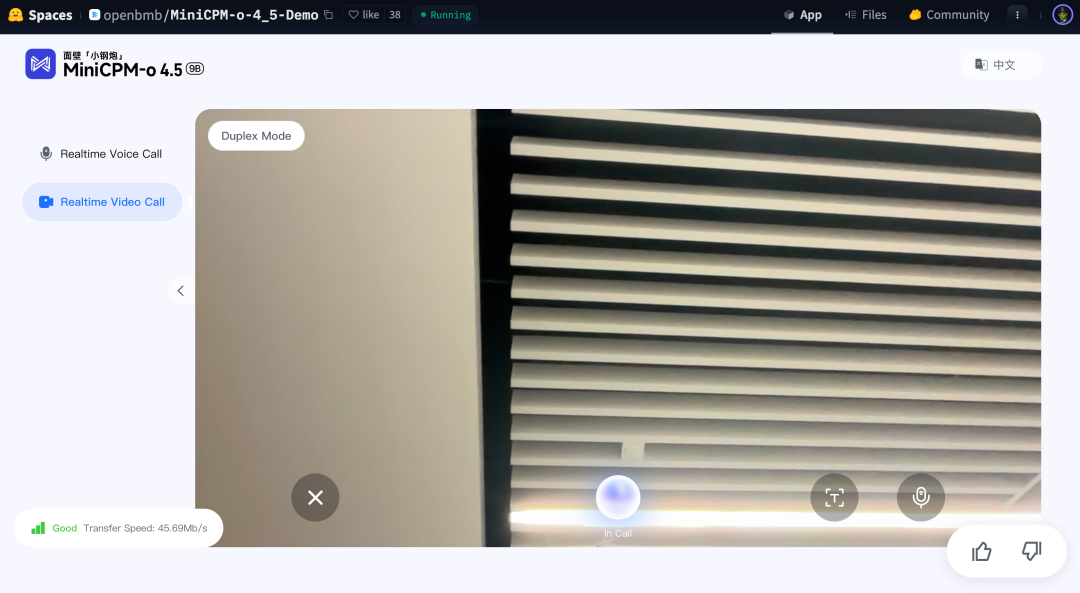 Hugging Face Spaces 上的 MiniCPM-o 4.5 实时音视频通话 Demo 界面