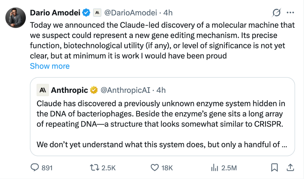 Anthropic官宣Claude发现新酶系统推文截图