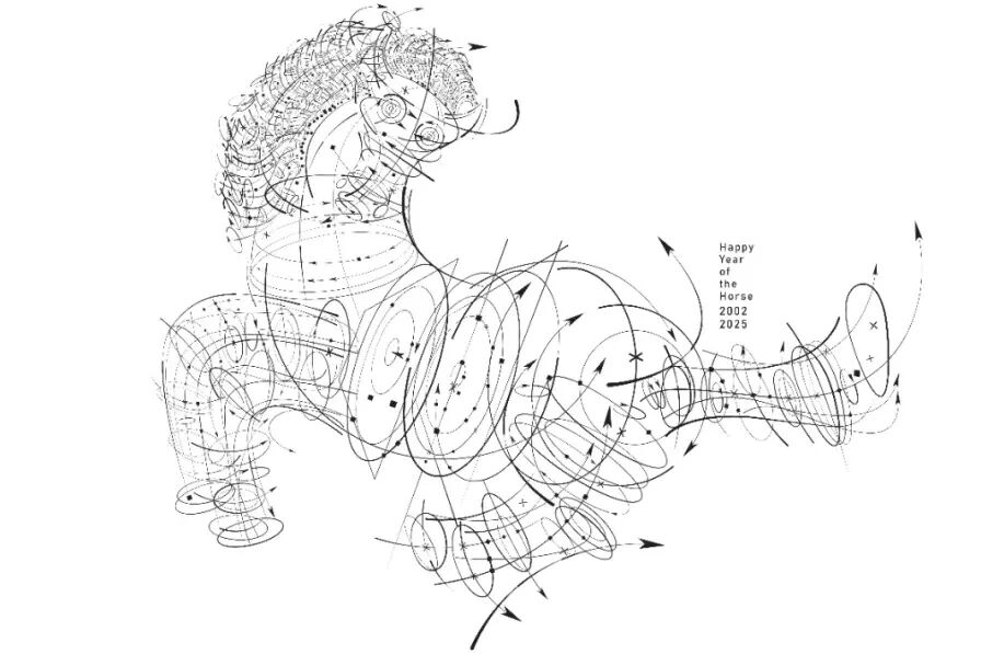 抽象线条马：交织形成轮廓与运动感，背景纯白，“Happy Year of the Horse 2002 2025”