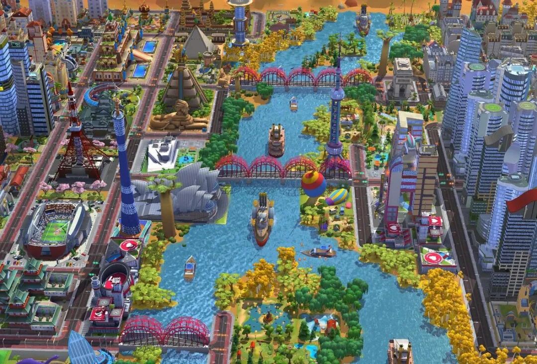 一幅卡通3D建模的虚拟城市俯瞰图，包含河流、桥梁、地标建筑和道路系统