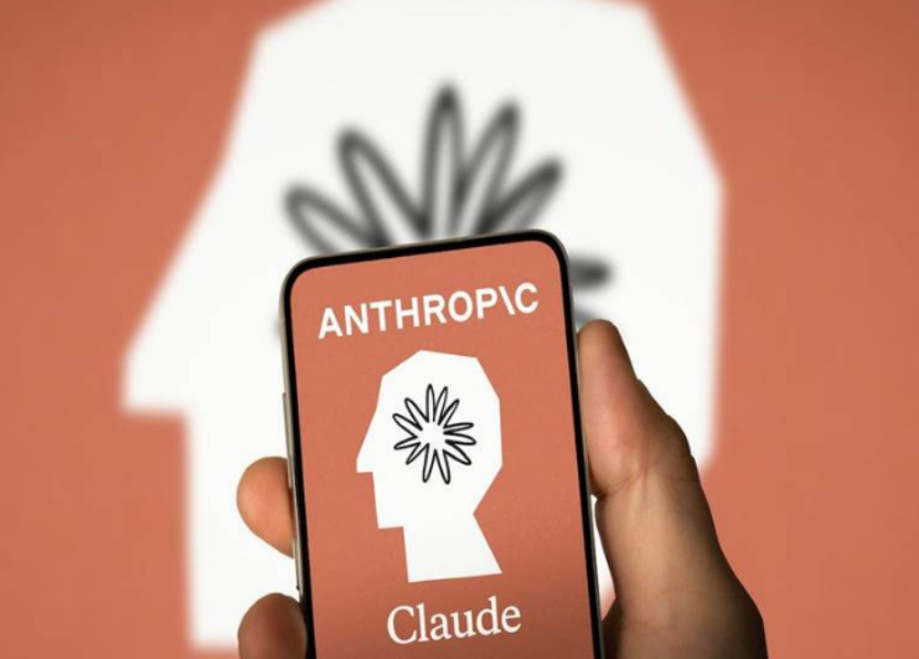 一只手握着一部智能手机,手机屏幕显示橙色背景的Claude应用界面