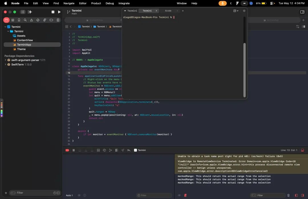Xcode中Termini项目的SwiftUI源码，控制台显示部分进程调试信息