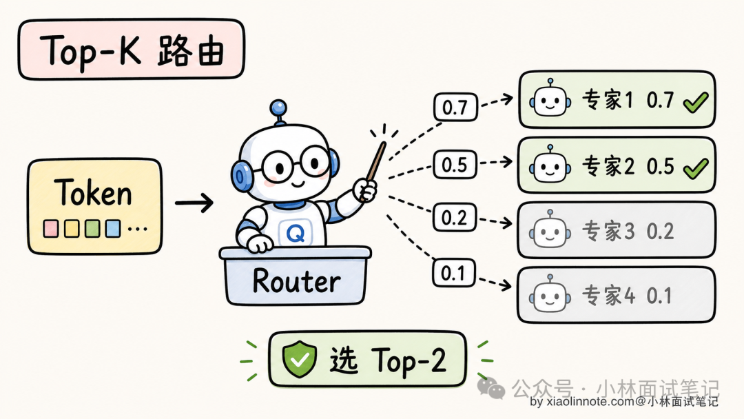 Top-K路由机制示意图：Router选择概率最高的两个专家