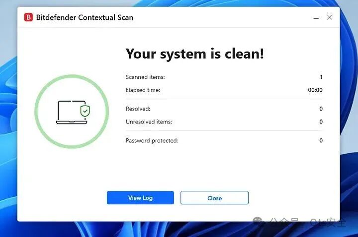 Bitdefender扫描窗口显示系统为干净状态，未发现任何威胁