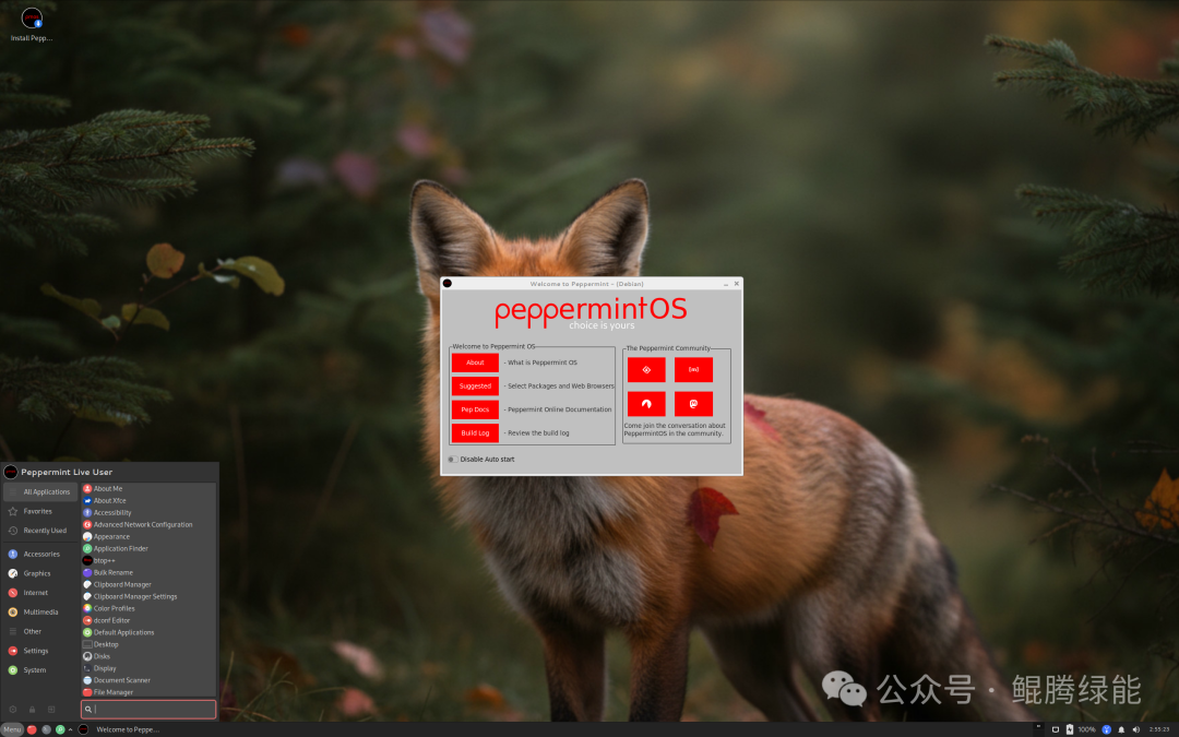 Peppermint OS桌面截图，背景为松林与秋叶，中央有欢迎窗口，左侧菜单显示应用列表