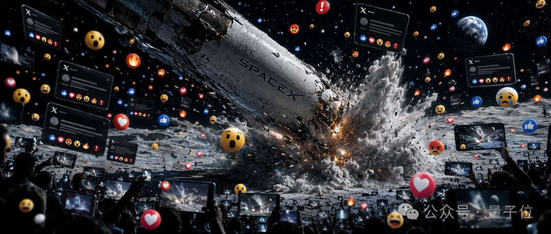 一幅描绘SpaceX火箭坠毁月球引发社交媒体热议的数字艺术插画