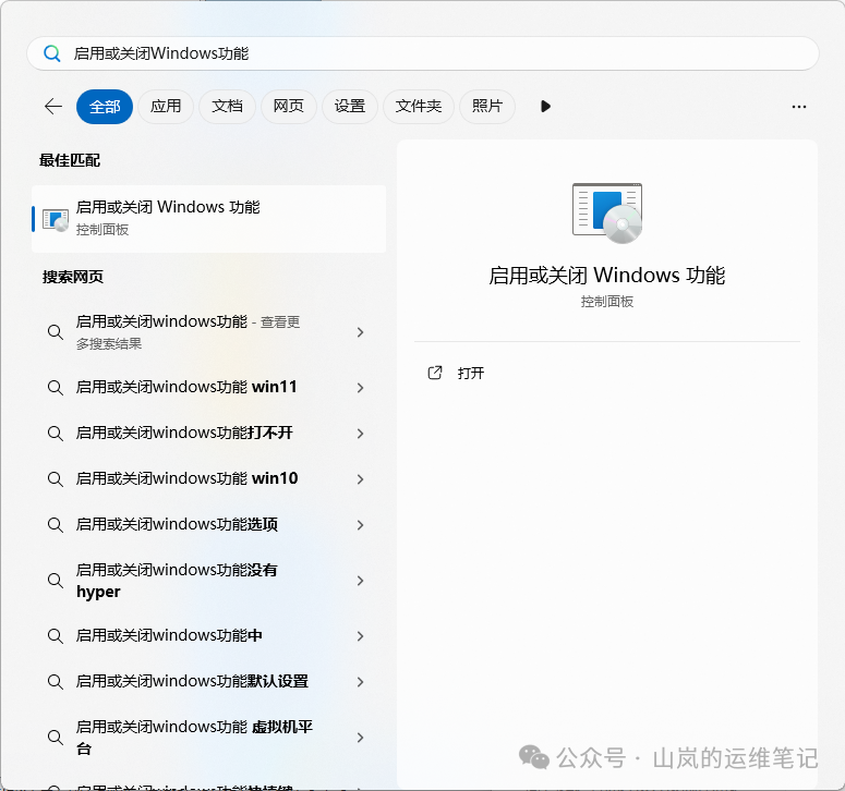 在Windows搜索中查找启用或关闭Windows功能