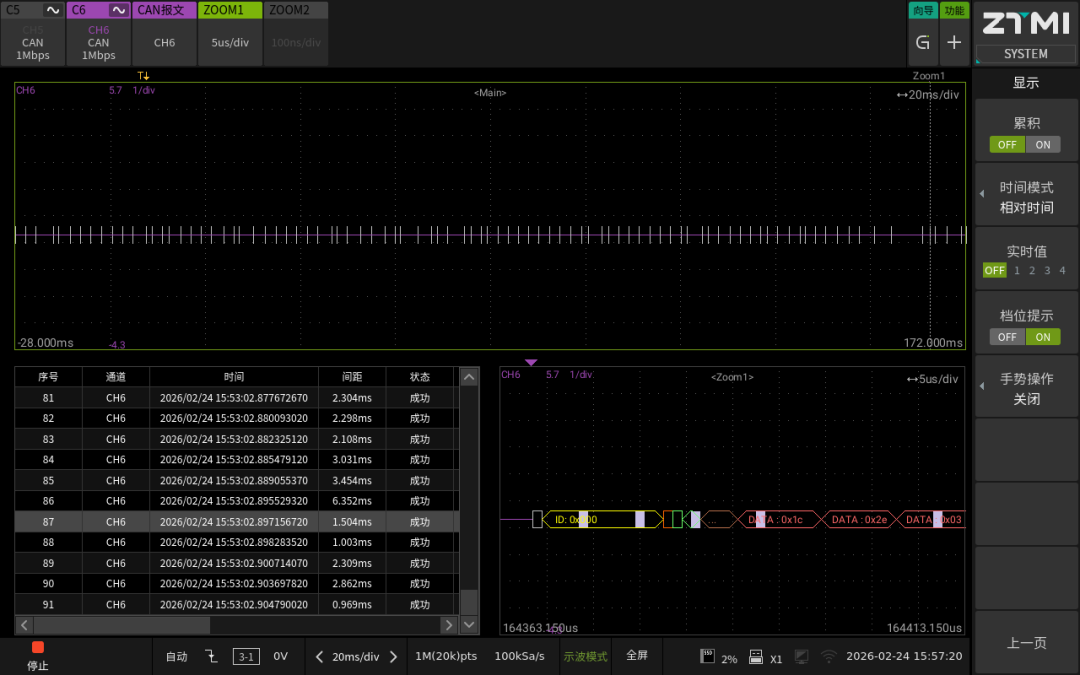 示波器软件界面，显示CAN总线信号波形和下方解码后的详细数据列表