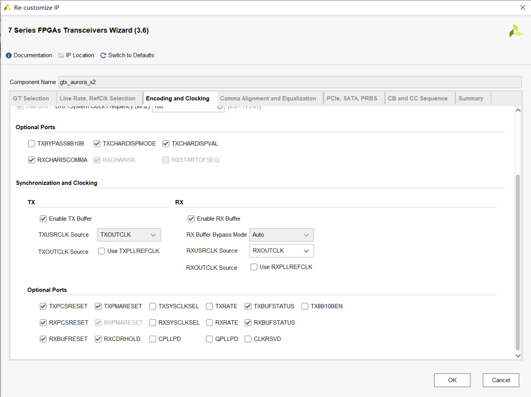 可选端口与同步时钟配置：启用TXBYPASS8B10B、RXCHARISK等关键控制信号
