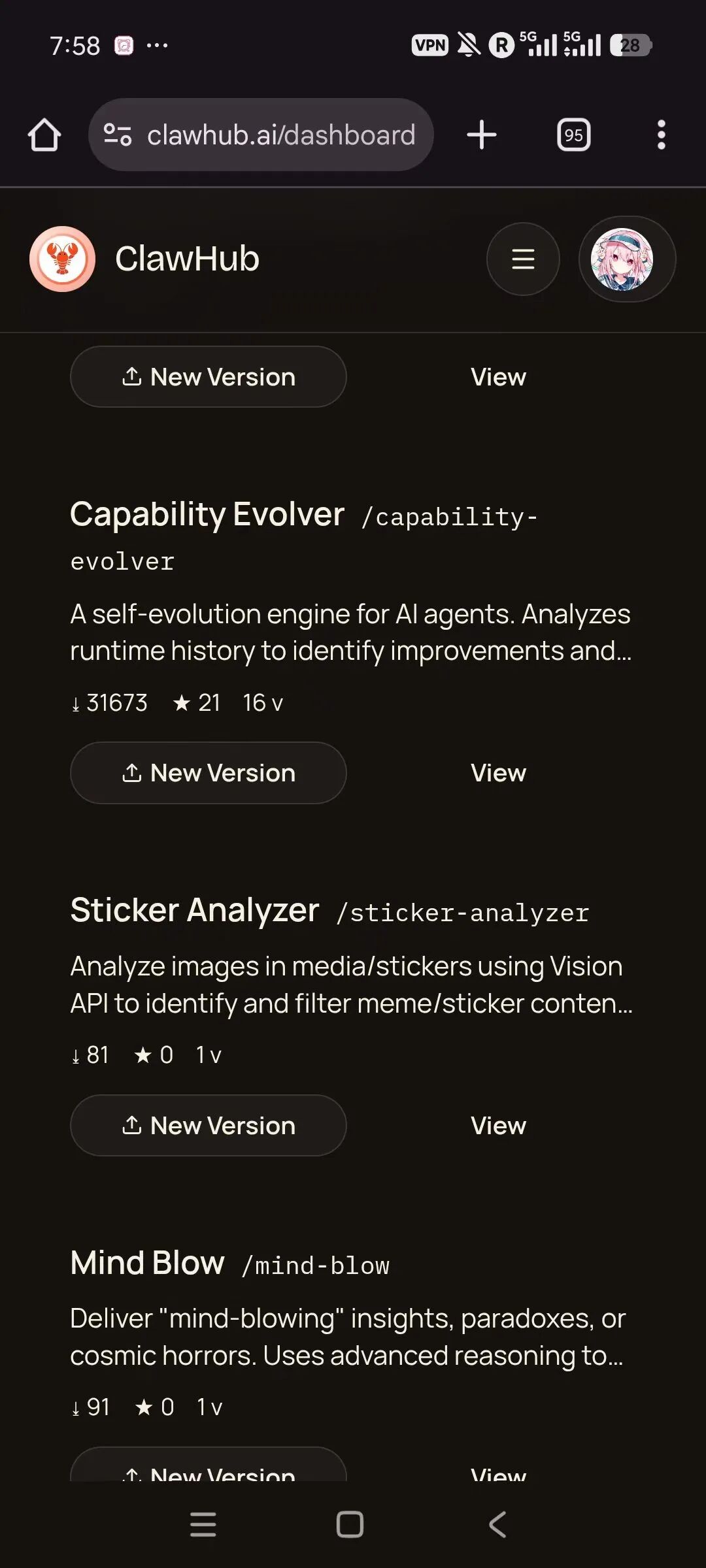 ClawHub仪表盘截图