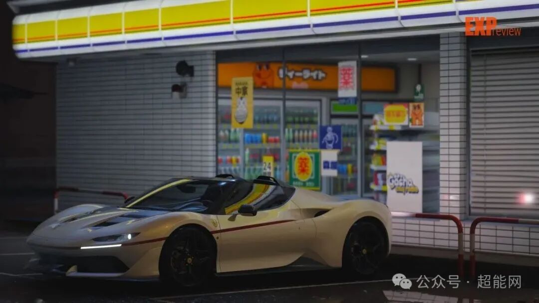 法拉利敞篷跑车停在日式便利店前的夜景游戏截图