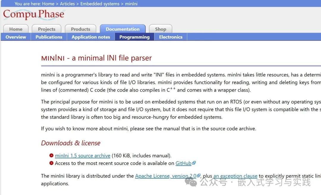 CompuPhase 网站上的 minIni 项目文档页面,介绍了其轻量级 INI 解析库