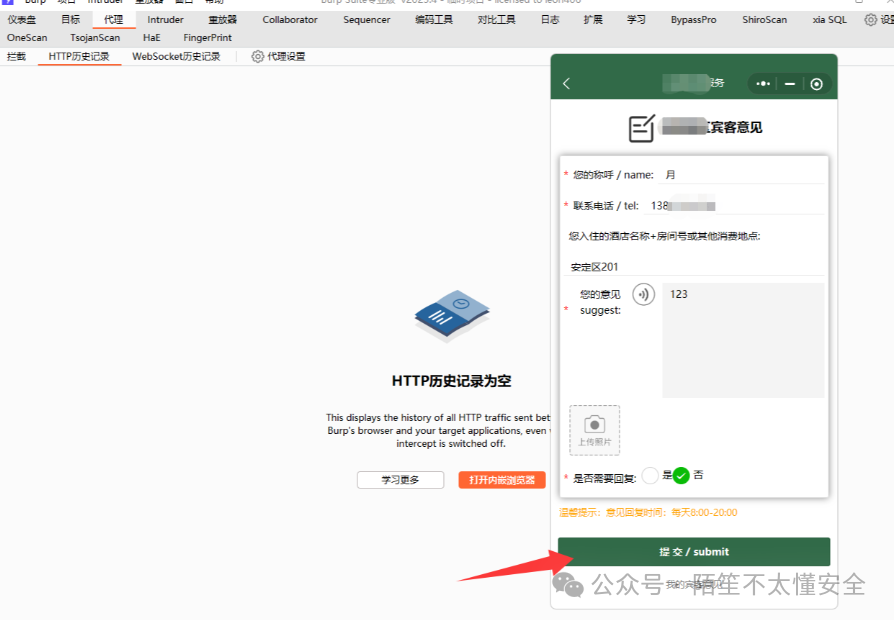 Burp Suite代理界面与提交意见表单