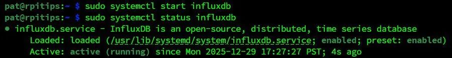 启动 influxdb 服务并检查状态的终端截图