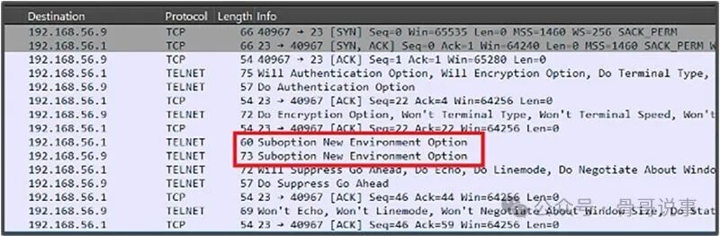 TELNET协议环境变量协商数据包