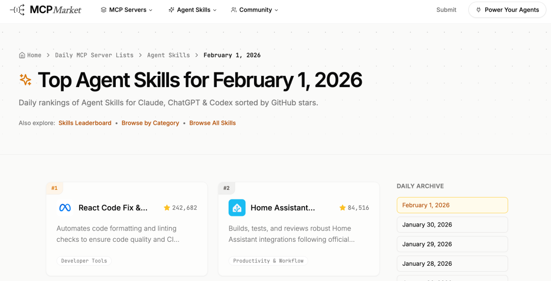 MCP Market每日代理技能排名页面截图
